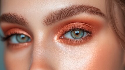 Fototapeta premium A woman highlights her eye makeup featuring warm orange hues and vivid blue-green eyes, creating a captivating look.