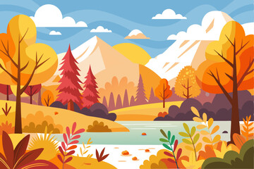Autumnal Landscape with Mountains, River, and Trees