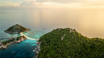 Aerial sunset of Nang Yuan Island, Koh Tao island in gulf of Thailand