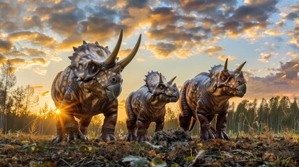 AI-generated majestic dinosaurs in a prehistoric landscape. Triceratops. The concept of time when dinosaurs ruled the Earth.