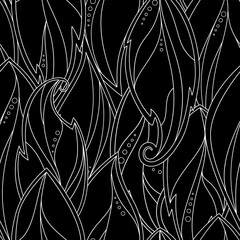 Seamless pattern of black and white leaves. Fantasy leaves with veins and circles. Black and white background. Vector illustration.
