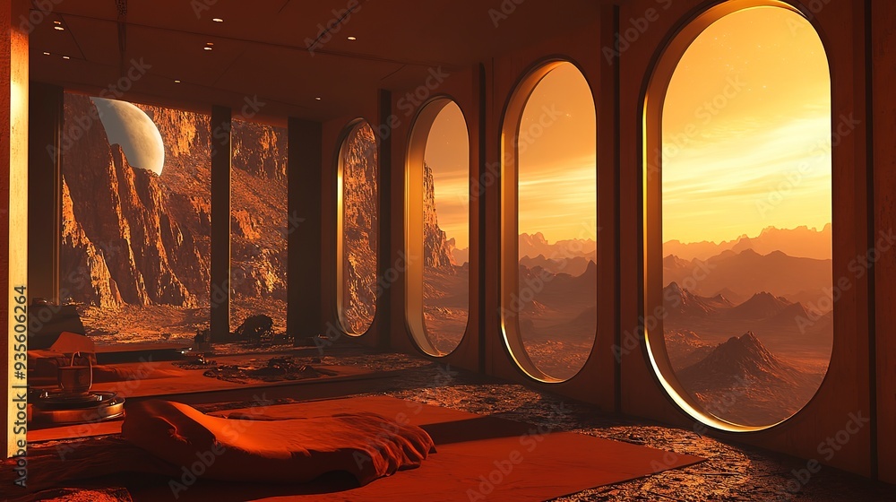 Poster room with windows in evening time in planet mars