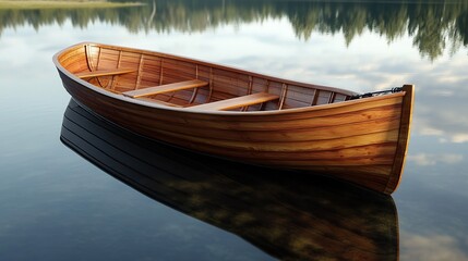 Fototapeta premium Wooden rowboat on a calm lake. copy space for text.