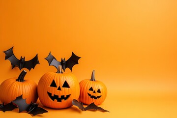 Fototapeta premium Halloween pumpkins and bats on orange background with copy space with generative ai