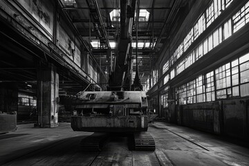 Large crane machine suspended inside industrial factory, capturing industrial setting