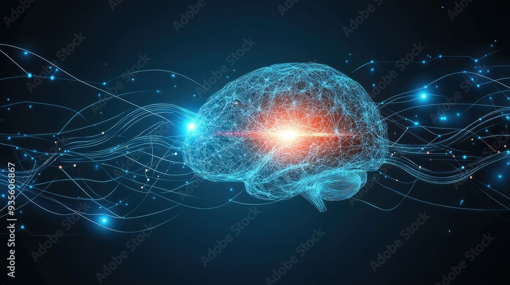 Poster a glowing wireframe brain surrounded by digital waves and circuits, with empty space for text placem