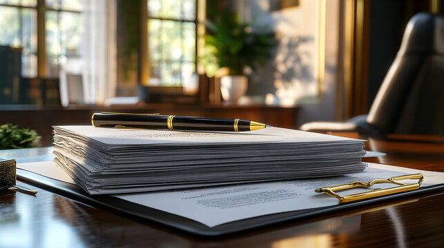 Table du d&eacute;fenseur avec documents juridiques empil&eacute;s et stylo