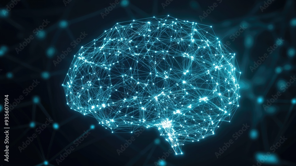 Fototapete a digital brain with connected nodes representing ai, framed with space for text above or beside it.