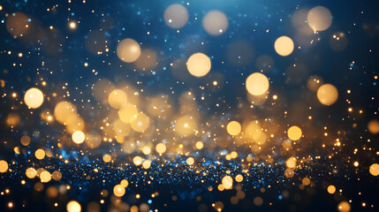 Naklejka premium A festive winter scene with glowing Christmas lights, sparkling gold and blue bokeh, and delicate snowflakes against a blurred background Perfect for holiday cards and festive decorations
