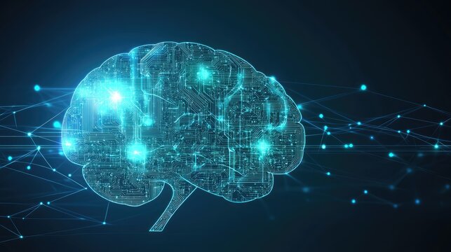 A digital brain with abstract patterns and circuits glowing, symbolizing AI, with a clean background for text.