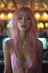 Full-length image of a beautiful Japanese model in a pink wig and cheerful school uniform, having a great time singing karaoke with friends in a vibrant bar setting