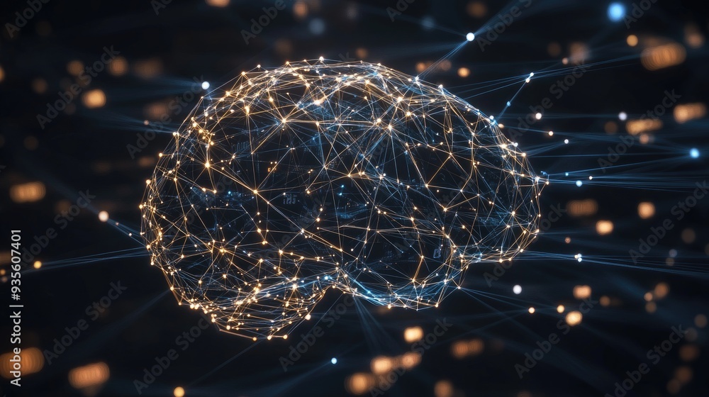 Fototapete a futuristic brain formed by interconnected data nodes, with clear space around it for text.