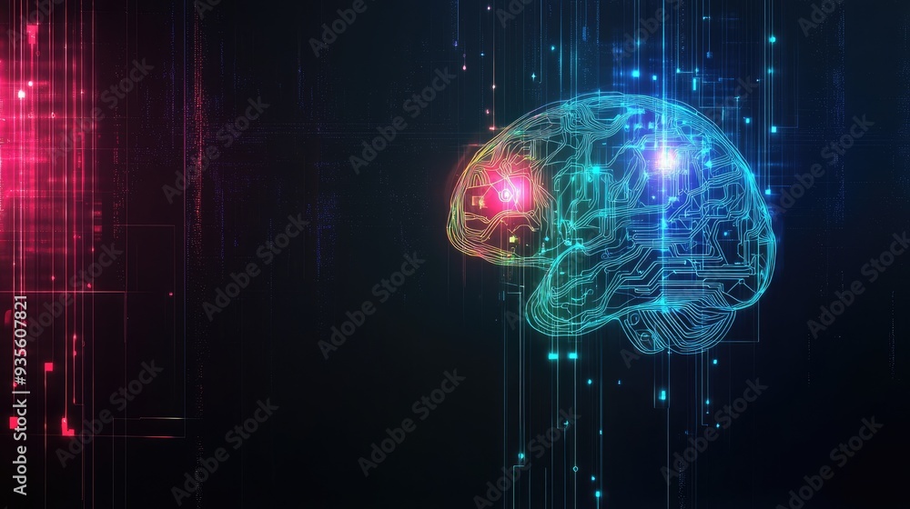 Aufkleber a glowing, abstract digital brain with circuits and lines representing ai, set against a dark backgr