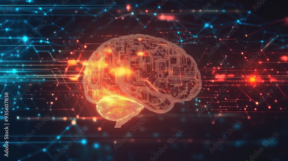 Aufkleber a glowing, abstract digital brain with circuits and lines representing ai, set against a dark backgr