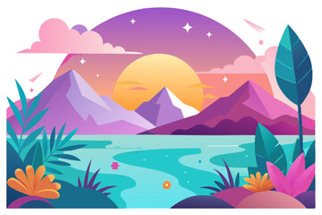 Colorful Sunset Landscape with Mountains, River, and Flowers