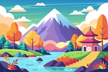 Colorful Landscape with Mountain, Lake, Pagoda, and Autumn Foliage