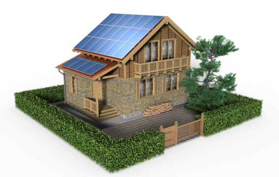 3D-Illustration, Einfamilienhaus mit Solar, Photovoltaik auf dem Dach als Selbstversorgung mit Ökostrom, isoliert auf transparentem Hintergrund
