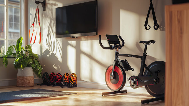 a home gym corner with a stationary bike, resistance bands, and a wall-mounted TV, creating a personalized workout space