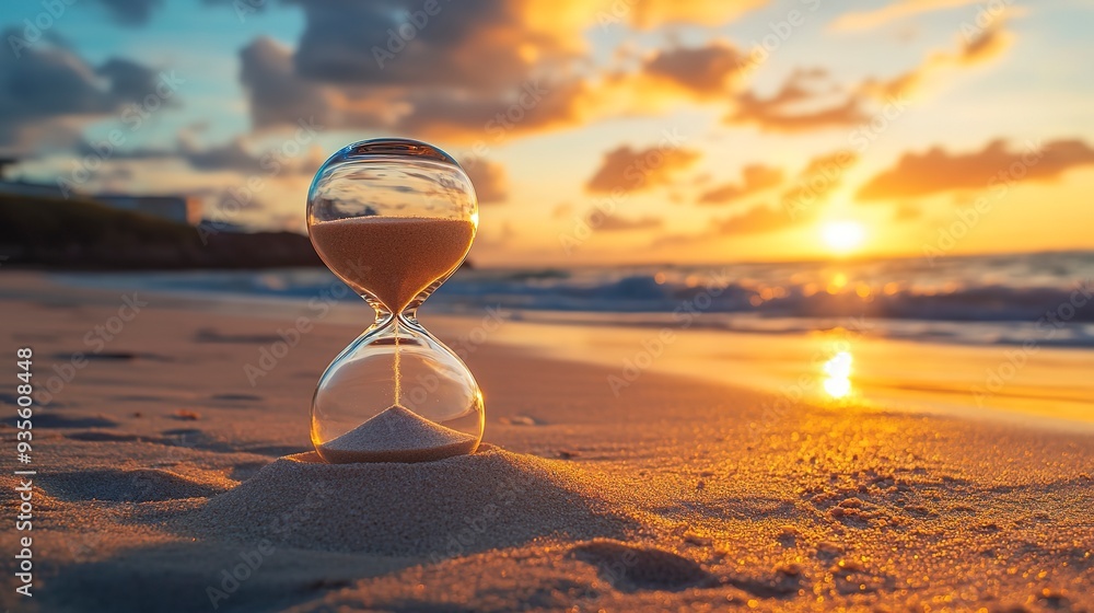 Wall mural Hourglass on sand beach at sunset. Sand passing through glass bulbs. Captured passing moments and time is running out concept