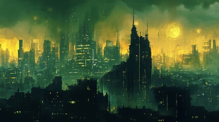 Fototapeta premium A futuristic city skyline with a hazy, green and yellow sky.