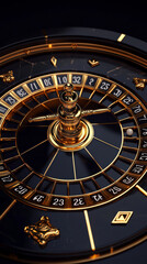 Naklejka premium A gold and black casino roulette wheel with a gold and black face