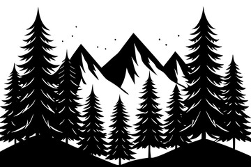 Forest with Distant Mountains – Elegant Black and White Vector Art