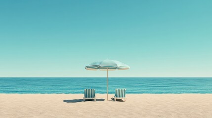 Relaxing Beach Scene with Striped Umbrella and Lounge Chairs