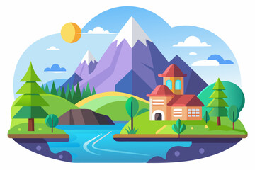 A Picturesque Mountain Landscape with a House by the River