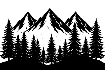 Forest with Distant Mountains – Elegant Black and White Vector Art