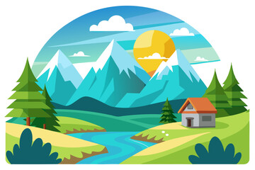 Obraz premium A Picturesque Mountain Landscape with a River and a House