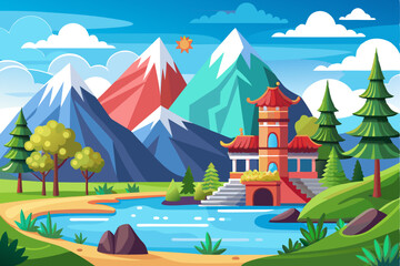 Chinese-Style Pagoda Surrounded by Mountains and a Pond