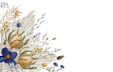 Watercolor Bohemian Neutral Dried Floral Background with Blue and Yellow Accent Flower