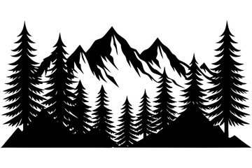 Forest with Distant Mountains – Elegant Black and White Vector Art