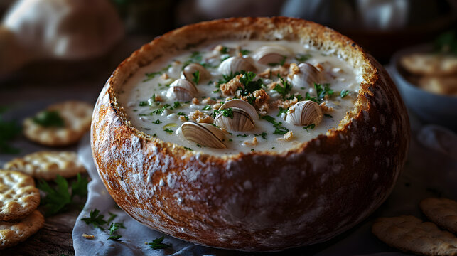 Clam chowder dans le bol de pain au levain accompagn&eacute; de ciboulette et de petits beignets au hu&icirc;tre