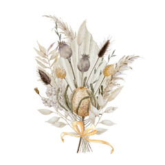 Watercolor Rustic Bohemian Flowers Bouquet with Banksia, Dried Palm Leaves, Pampas and Bunny Tails