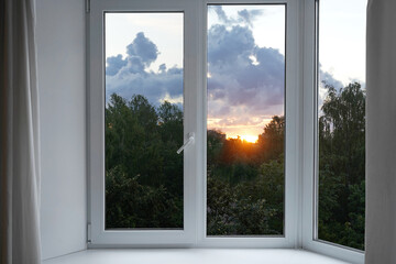 View from the window, forest, landscape with sun.  