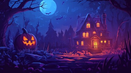 A spooky Halloween night scene with a haunted house, a jack-o-lantern, and a full moon in the dark forest.