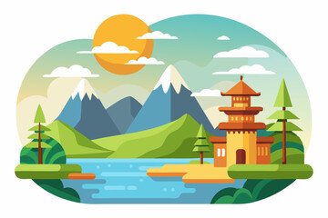 Pagoda in Mountainous Landscape with River and Sun
