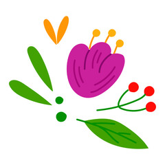 A set of traditional Mexican flowers, leaves, berries stylized. Ornate folk graphics, wallpaper element. A festive Mexican floral motif. The vector illustration is isolated. Isolated natural elements