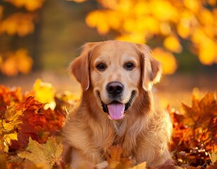 golden retriever dog in autumn leaves