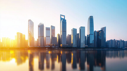 Fototapeta premium a modern city skyline at sunset, with skyscrapers reflecting the golden light