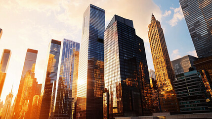 a modern city skyline at sunset, with skyscrapers reflecting the golden light