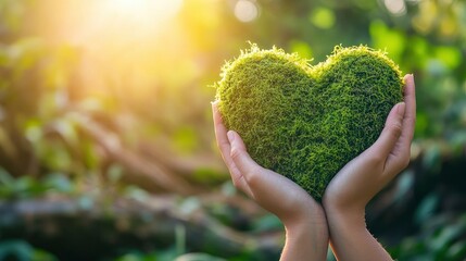 Hands Holding Green Heart Shaped Tree In Forest With Moss And Sunlight Background - Ecology And Caring For The Environment Concept with generative ai