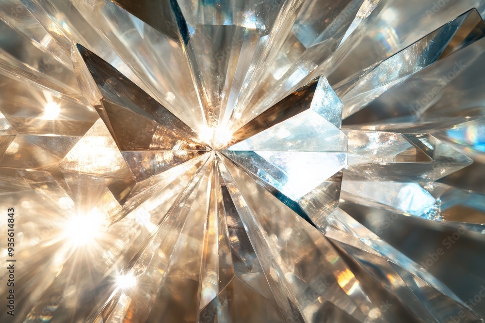 Poster A mesmerizing close-up view of sparkly crystals forming a dynamic and radiant arrangement, capturing light beautifully and creating dazzling reflections and refractions.