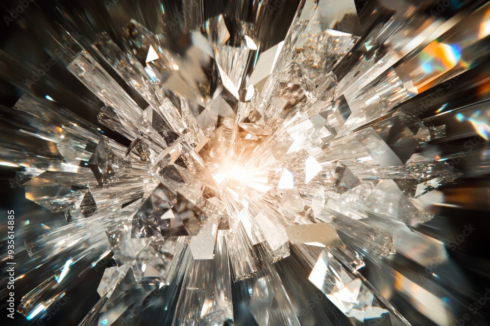 Poster a stunning depiction of an explosive and dynamic crystal formation with bright, radiant light emanat