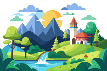 Naklejka premium A Picturesque Fantasy Landscape with a Towering Castle and a Waterfall