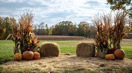 31. A charming autumn harvest scene with hay bales, corn stalks, and fall decorations