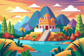 A Golden Temple on a Hillside by a River