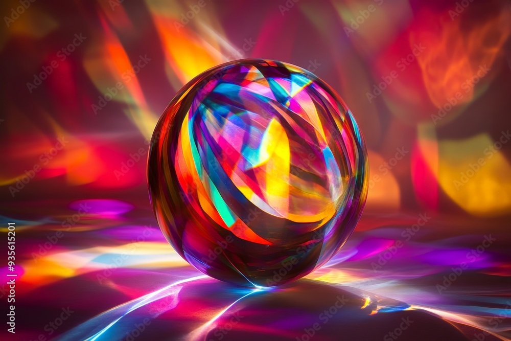 Leinwandbilder A striking image showcasing a colorful orb that magnificently reflects a spectrum of vibrant light patterns and shapes, creating an alluring visual masterpiece.