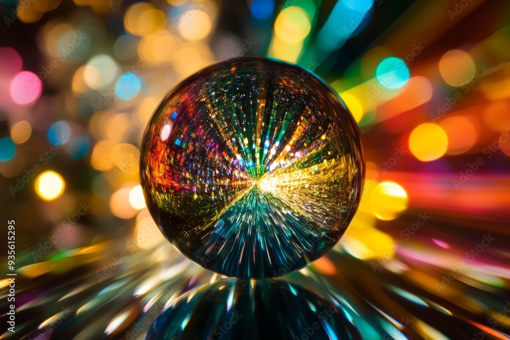 Poster A mesmerizing spherical glass object emanating an array of multicolored light beams, creating a stunning visual effect that captivates the viewer's attention and imagination.